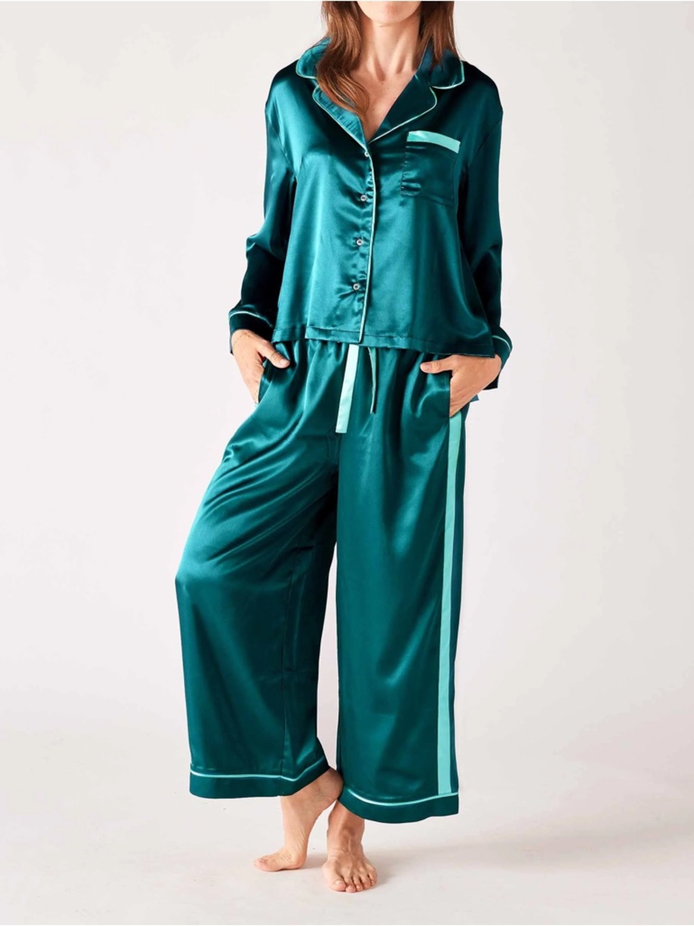 Mersea Over The Moon Satin Sailor Pajama Set Teal Green Size Small